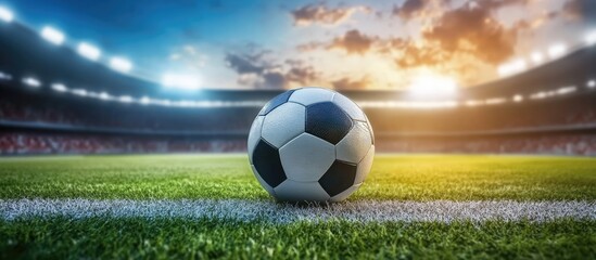 Panoramic view of a soccer ball on vibrant green grass at a stadium with dramatic sunset colors and blurred audience in background