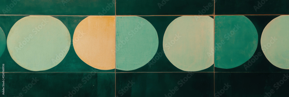 Poster Elegant overlapping circle and square pattern on smooth glazed surface in muted greens