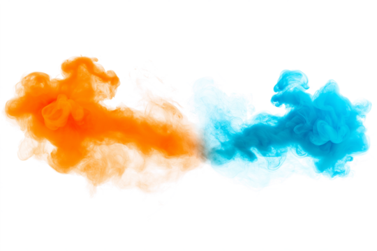 vapor smoke clouds in neon orange and electric blue isolated on transparent white background