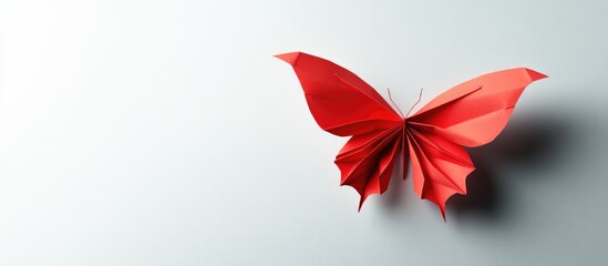 Red origami butterfly positioned on a soft gray background casting a subtle shadow on the right side creating a calm and elegant atmosphere