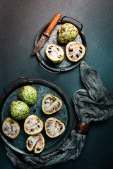Cherimoya Custard apples sold in Mumbai, India, Asia. Tropical fruits. Top view.