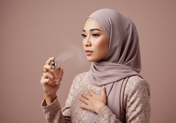 Chic Muslim Woman Spraying Perfume with a Sophisticated Look.