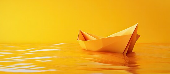 Yellow paper boat gently floating on shimmering orange water, symbolizing transformation from sinking to soaring success. Abstract imagery for growth.