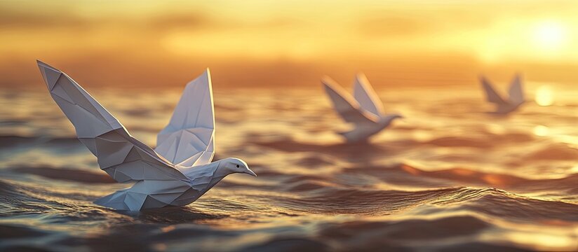 Serene origami doves gliding over gentle ocean waves at sunset, featuring warm golden hues and soft shadows, creating a tranquil atmosphere.