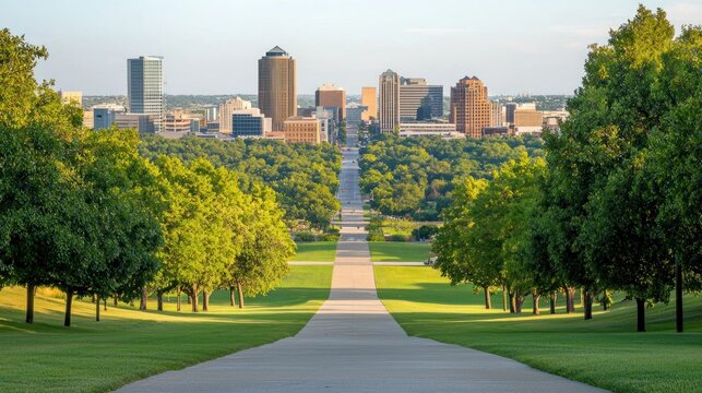 Scenic Skyline View of Topeka, Kansas from a tree-lined path
