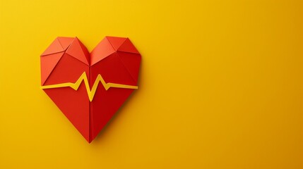 A striking red origami heart featuring a bold yellow heartbeat line placed on a bright yellow background, creating a vibrant and modern visual ideal for health or love concepts. AI generated.