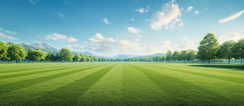 Pristine newly mowed football field with vibrant green grass, horizontal striped pattern, clear blue sky, and distant mountains framing the scene.