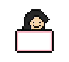 Cute pixel cartoon character woman lady hold frame banner sign board blank decoration 8 bit female girl with blank space sign banner pixel game png vector.