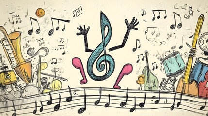 A whimsical treble clef dances among musical instruments