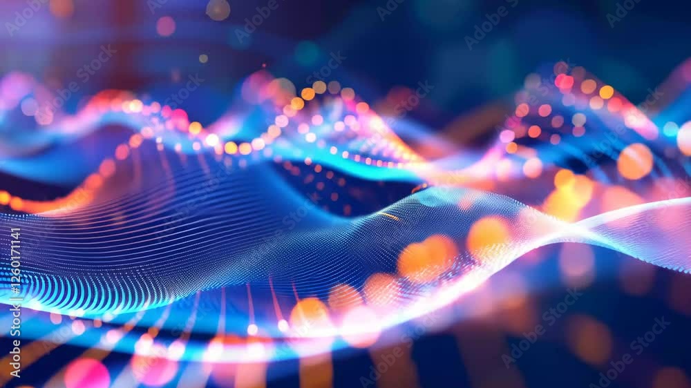 Poster a dynamic display of colorful waves and glowing dots illuminates the background, creating an engagin