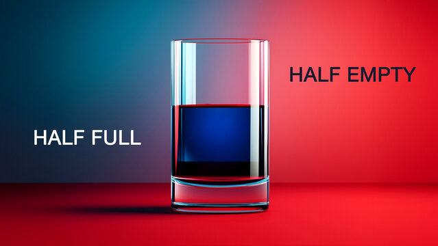 glass half full or half empty concept with contrasting background