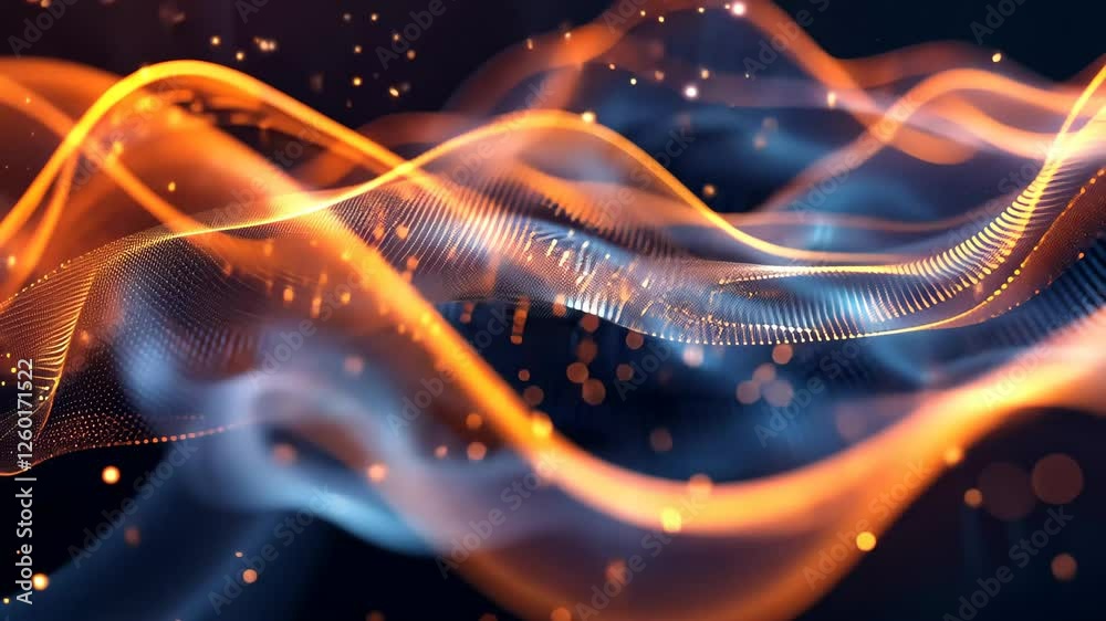 Poster A dynamic composition showcases glowing waves formed by digital particles, creating a mesmerizing effect reminiscent of deep space with illuminated highlights.