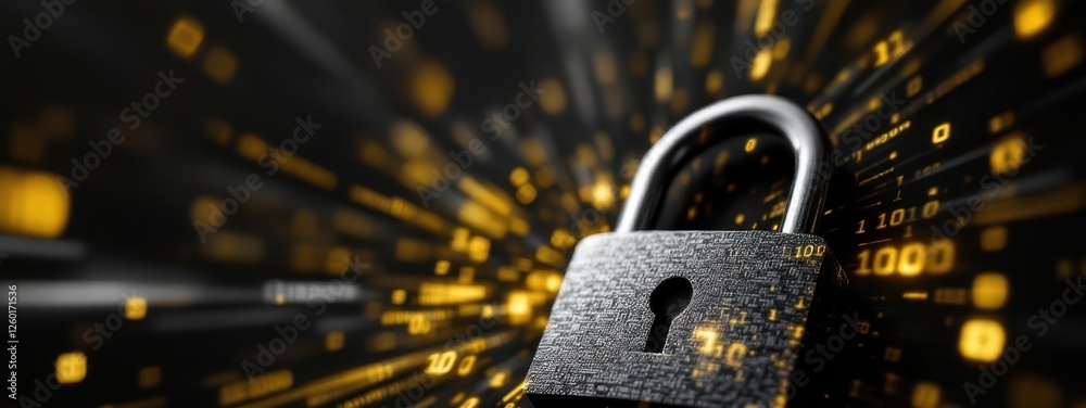 Poster Cybersecurity concept with digital padlock and binary code background