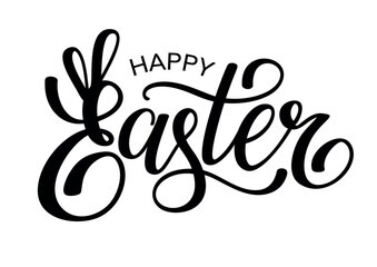Obraz premium Happy Easter black lettering phrase with bunny ears. Vector illustration. 
