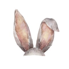 Watercolor bunny ears. Easter design. Hand painted rabbit ears. Digital illustration.