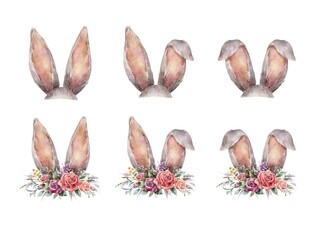 Set of watercolor Easter bunny ears. Rabbit ears with floral wreaths. Digital illustration.