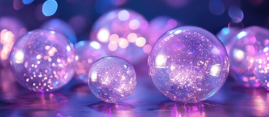 Eye-catching decorative bubbles with vibrant purple lights in various sizes, glowing softly against a blurred purple background for event styling.