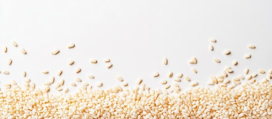 Puffed rice bread with scattered rice grains on a plain white background, top view highlighting texture and color contrast of beige grains.