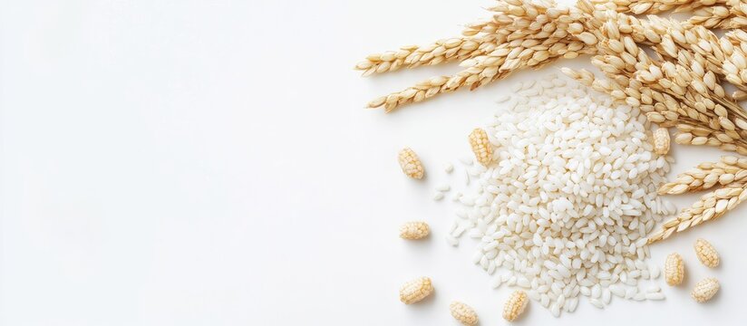 Puffed rice bread with white background featuring scattered grains in the lower center and wheat stalks on the upper left side