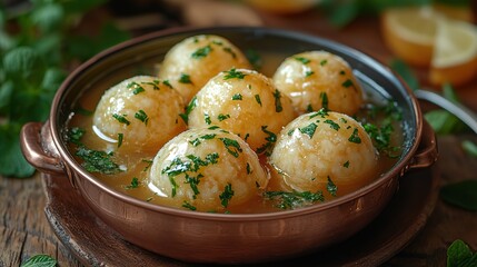 on a brown background ice cream balls with caramel are placed in a cooper saucepan sweet desert in close up in freeze motio