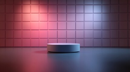 Moody pink blue lighting illuminates sleek circular platform. AI Generated
