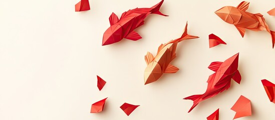 Red and gold origami koi carp arranged playfully on a cream background with scattered paper pieces creating a serene artistic flat lay display.