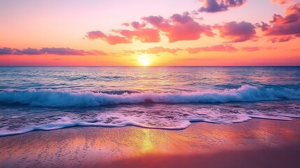 Fototapeta premium Pink sunset over ocean waves, beach, calm sea, travel postcard