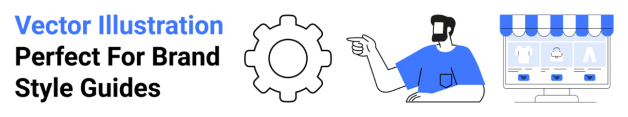 Man gesturing toward a gear and storefront interface, representing digital tools, business branding, e-commerce, marketing, development, services, and resources. Ideal for website design posters