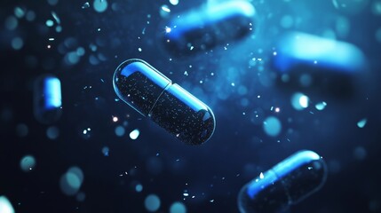 Floating blue capsules surrounded by particles in a digitally generated environment at night