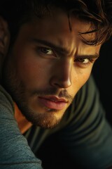 Fototapeta premium Intense gaze of a man with striking eyes and a beard conveying depth and emotion through a close-up portrait He is captured with warm lighting and a dark backdrop