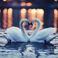 Swans heart-shaped necks, lake sunset, romance, love