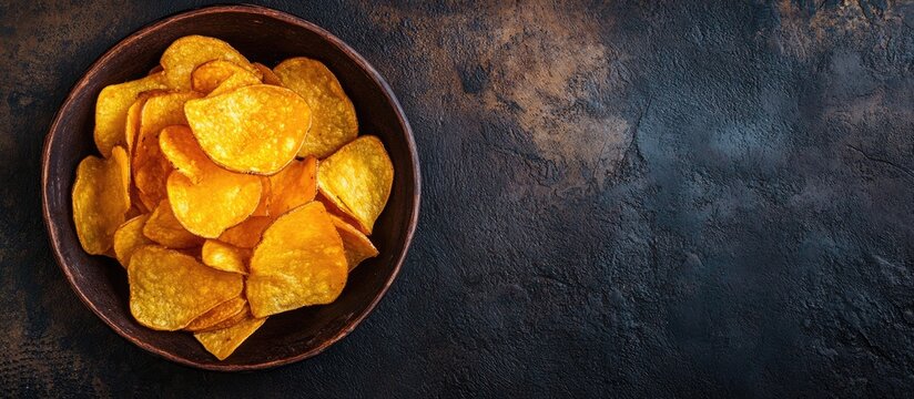 Golden crispy potato chips in a dark ceramic bowl on a textured black stone background with ample copy space to the right for text.