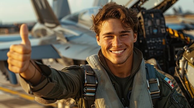 Young caucasian male pilot smiling with thumbs up in front of military jet