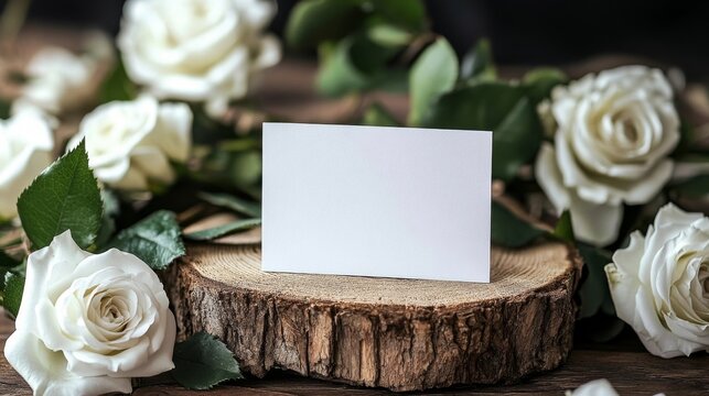 Elegant arrangement of white roses on wooden base with blank card for personalized messages or invitations