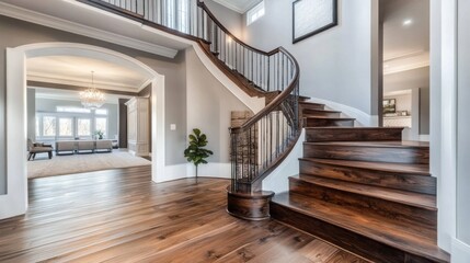 Grand Entrance: Elegant Curved Staircase in Luxurious Home