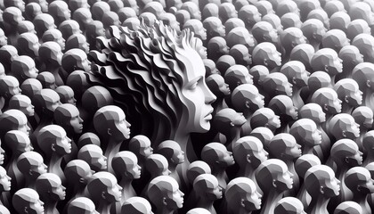 Obraz premium Black and white crowd of abstract figures. Teamwork, diversity and human resource concept, diversity of thinking