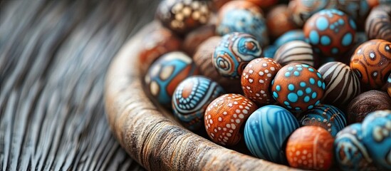 Colorful handmade polymer clay beads in a wooden bowl on textured dark surface, featuring intricate patterns in blue, brown, and orange.