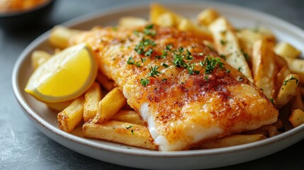 Delicious fish and chips served on a simple white table with vibrant lemon garnish