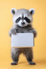 Obraz premium Adorable Baby Raccoon Holding a Blank Box Against a Yellow Background