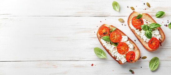 Fresh cottage cheese and tomato bruschetta with basil on rustic white wooden background vibrant red and green colors arranged at an angle