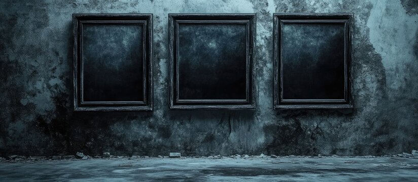 Abandoned house wall featuring three empty black picture frames in a grunge, dirty setting with a blue-gray color palette and eerie ambiance.