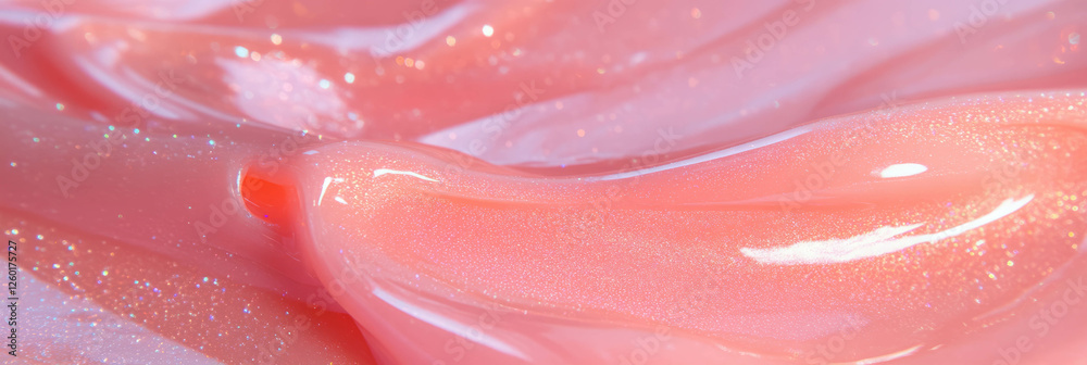 Poster Shimmering pink gel flows with a viscous texture and deep sparkling color resembling rose essence