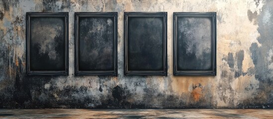 Haunted abandoned house wall with three empty black picture frames positioned center on a grungy, weathered surface featuring dark and muted tones.
