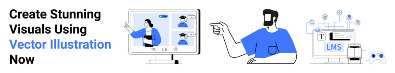 Person presenting video call on screen, instructor teaching, and LMS interface with technology elements. Ideal for e-learning, remote work, team collaboration, digital communication, education