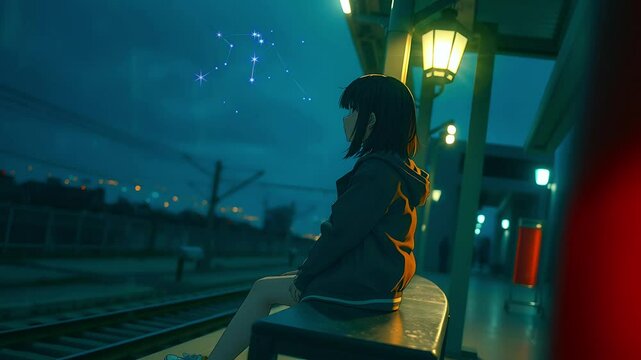 Lonely Anime Girl Waiting at a Train Station Under the Night Sky. Seamless looping time lapse animation video background  
