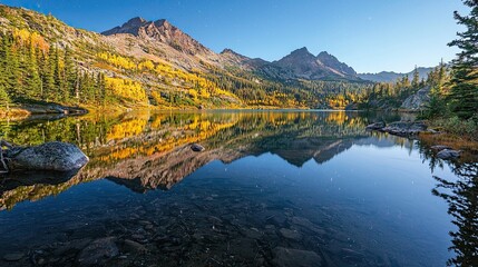 Fototapeta premium Crystal-clear mountain lake reflecting rugged peaks under a bright blue sky. A stunning alpine landscape with rocky terrain and evergreen trees. Generative AI.