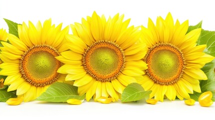 Naklejka premium Three Vibrant Sunflowers with Bright Yellow Petals and Lush Green Leaves Against a White Background