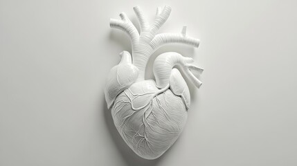 Detailed white heart sculpture showcasing anatomical features on a plain background