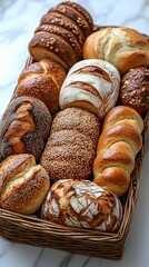 Fototapeta premium A close-up shot of diverse artisan breads nestled together in a basket, highlighting their intricate textures and colors, ideal for showcasing quality bakery products.