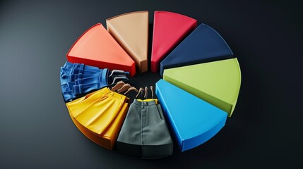 A visually appealing pie chart integrating clothing pieces, representing the fashion industry and market distribution in a colorful, structured format. AI generated.
